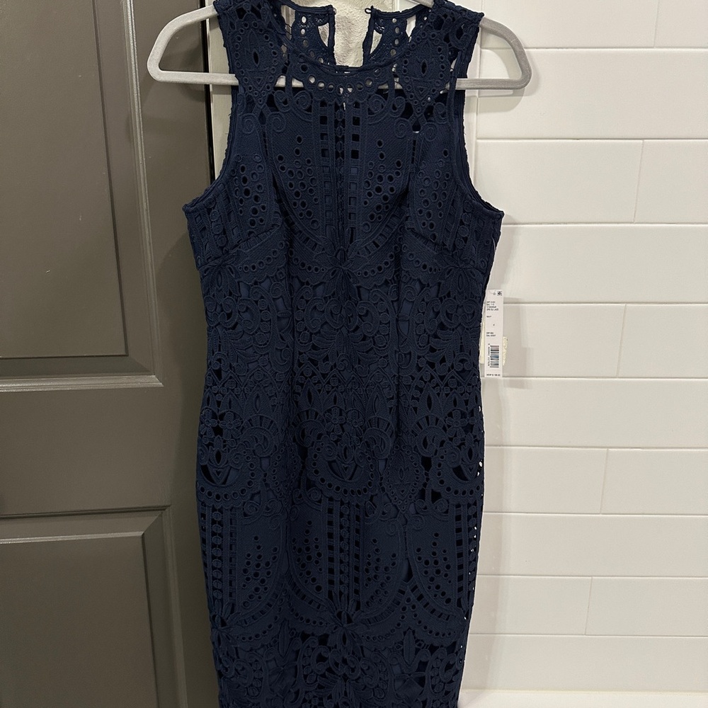 Elegant ANTONIO MELANI Navy Blue Lace Midi Dress